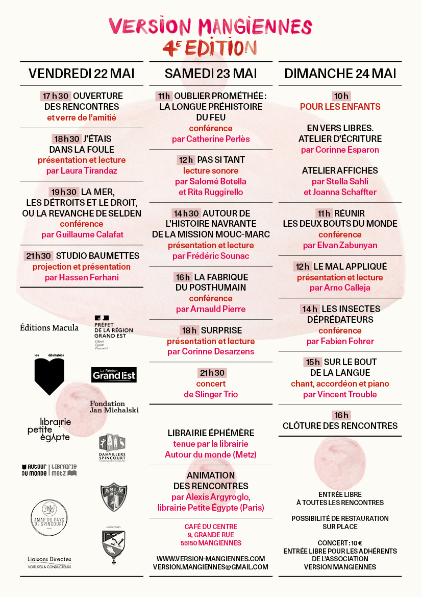 Rencontres Version Mangiennes, 4e édition, 22-24 mai 2026, Café du Centre, 9 Grande rue, 55150 Mangiennes Éditions Macula